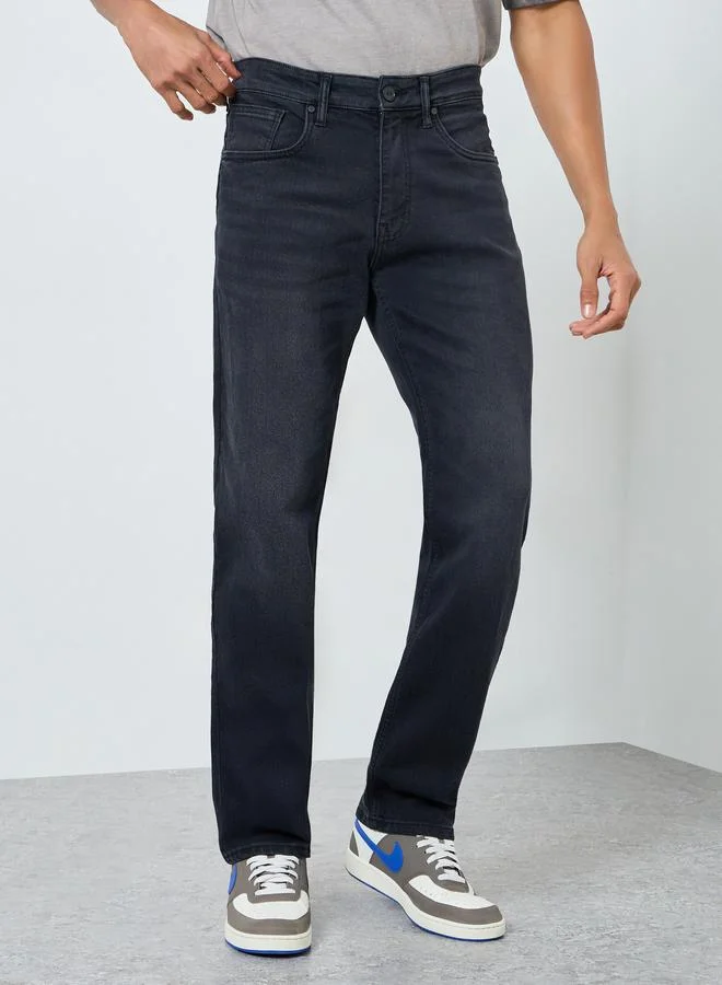 Styli Monochrome Men Monochrome Washed Relaxed Fit Jeans for Men | Best Price UAE